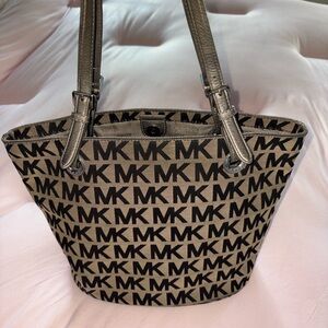 Michael Kors Tan and Black MK Logo Tote with Metallic Straps